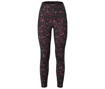 Eine schwarze Leggings mit hohem Bund und einem Muster aus rosa und grauen Flecken ist zu sehen.