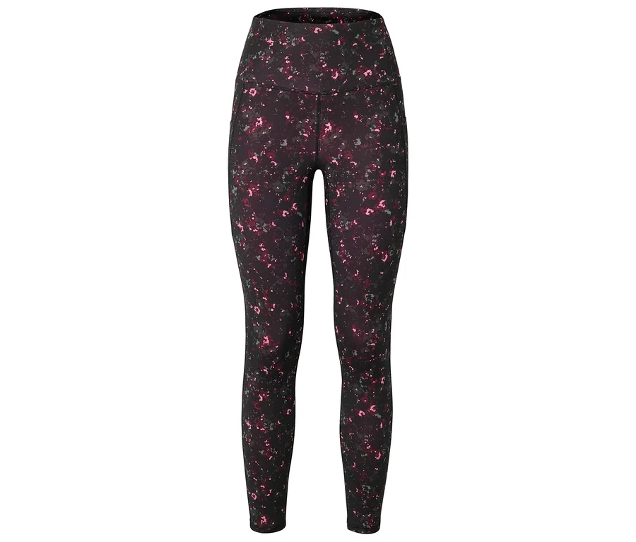 Eine schwarze Leggings mit hohem Bund und einem Muster aus rosa und grauen Flecken ist zu sehen.