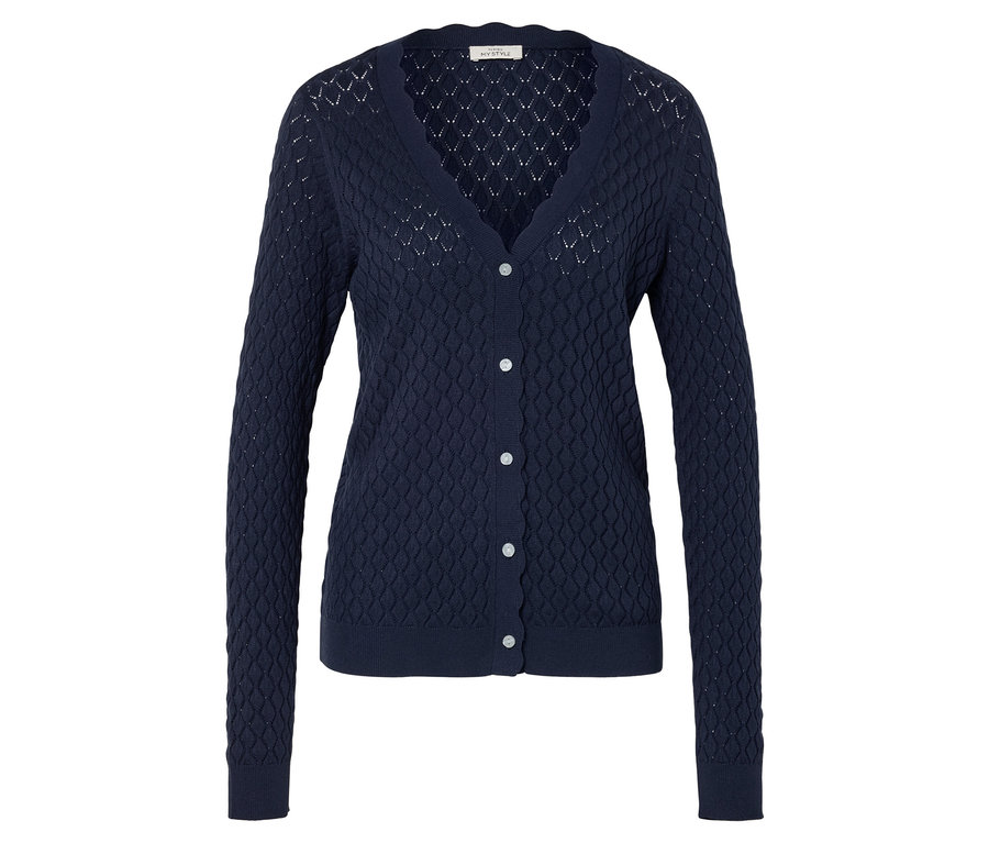 Marineblaue Strickjacke mit V-Ausschnitt und Knöpfen.