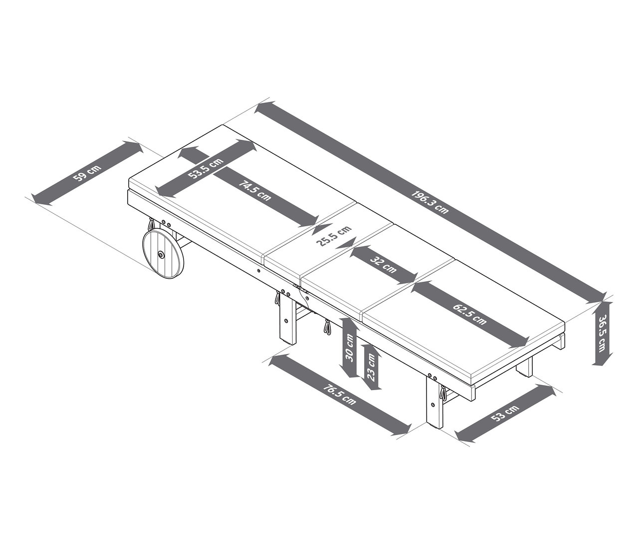 Abbildung einer klassischen Gartenliege mit Maßangaben.