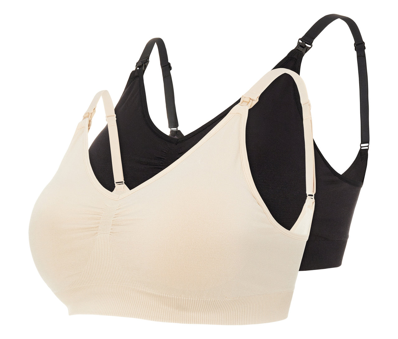 Zwei MAMALICIOUS MLILJA FEED ME BRA 2-P NOOS Still-BHs in Beige und Schwarz übereinander.