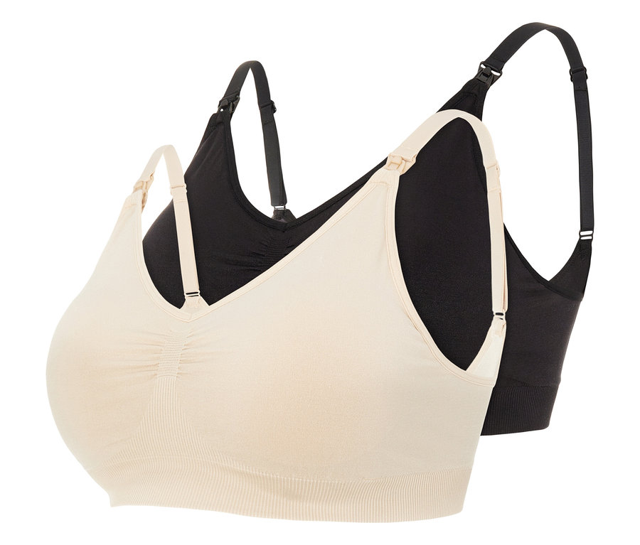 Zwei MAMALICIOUS MLILJA FEED ME BRA 2-P NOOS Still-BHs, einer in Beige, einer in Schwarz.