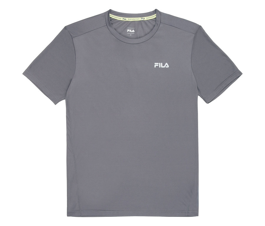 Graues FILA Herren-Funktionsshirt mit kurzem Arm und Logo auf der Brust.