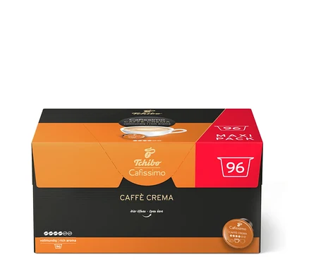 Orange-schwarze Box mit 96 Tchibo Cafissimo Caffè Crema vollmundig Kaffeekapseln.