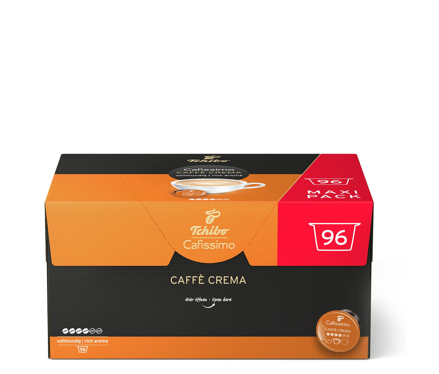 Orange-schwarze Box mit 96 Tchibo Cafissimo Caffè Crema vollmundig Kaffeekapseln.