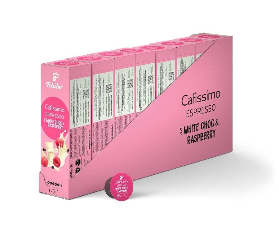 Packung Cafissimo Flavoured Espresso - White Choc & Raspberry - 80 Kapseln.