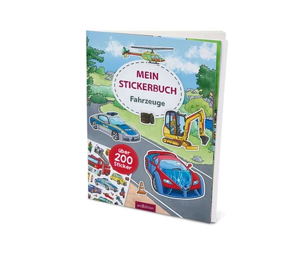 Nahaufnahme eines Stickerbuchs mit Illustrationen von Fahrzeugen, darunter Hubschrauber, Polizeiauto und Bagger.