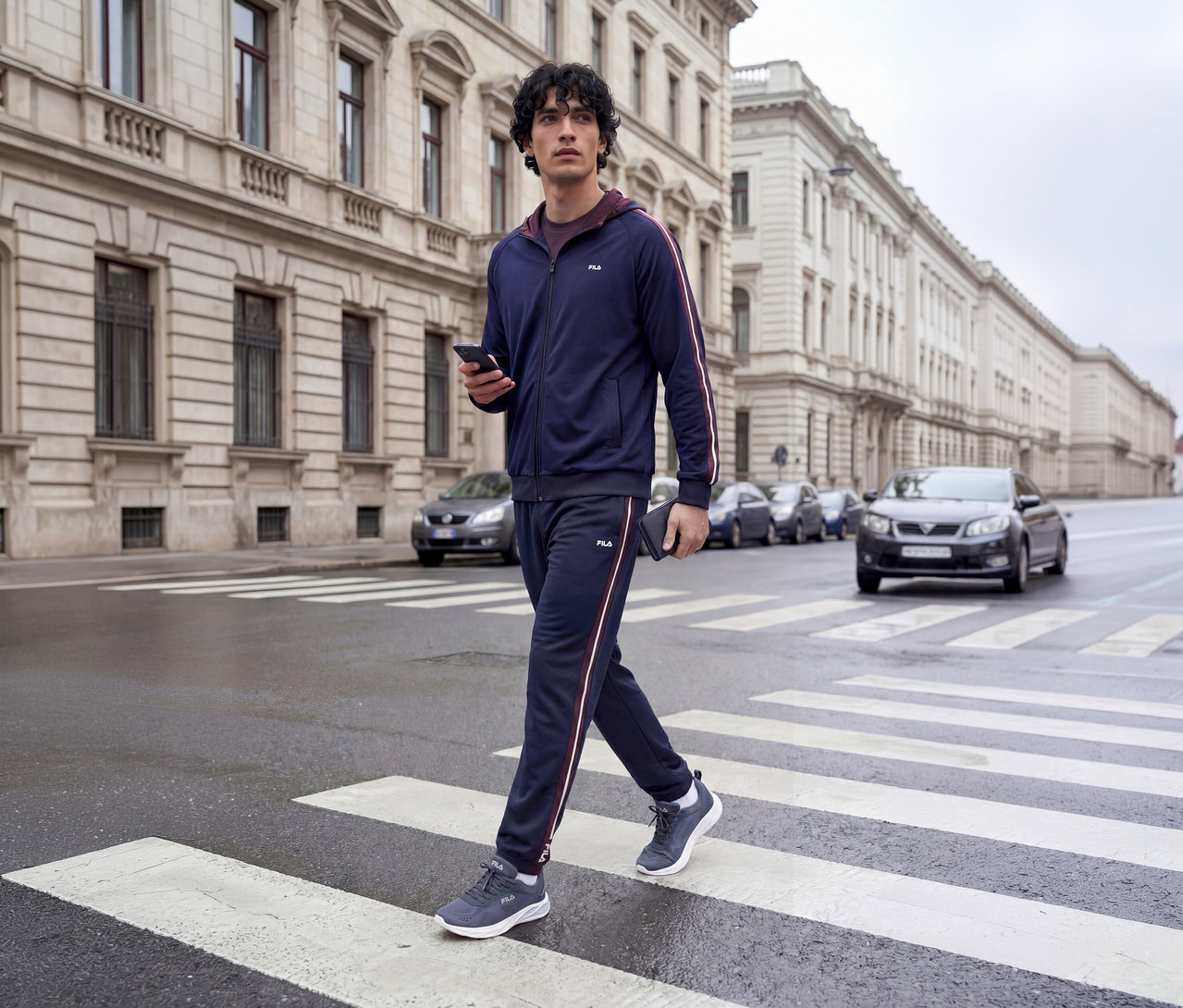 Junger Mann in marineblauem Trainingsanzug mit roten und weißen Streifen überquert einen Zebrastreifen in der Stadt. Er hält ein Smartphone und eine Geldbörse.