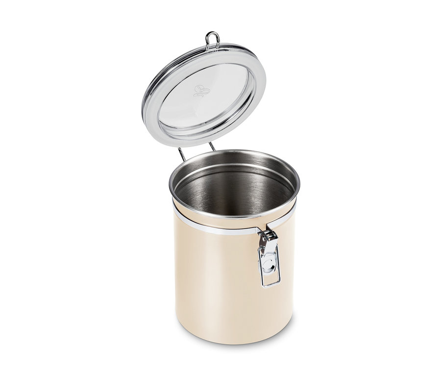 Geöffnete, Friendly beige Aromadose mit silbernem Deckel und Verschluss.