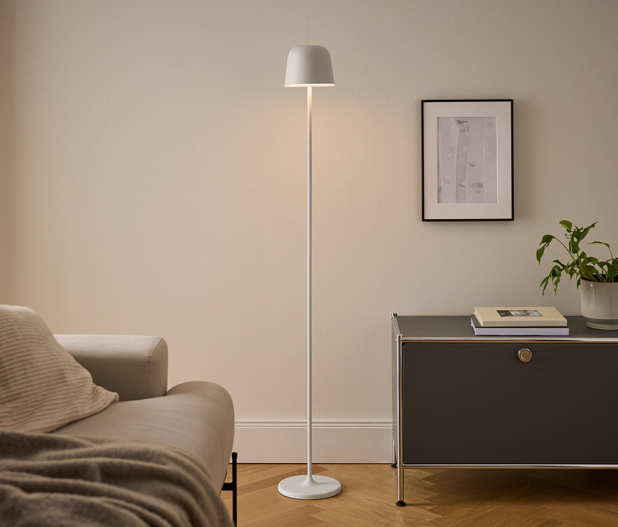 Ein modernes Wohnzimmer mit beigem Sofa, einer weißen Stehlampe und einem dunkelgrauen Schrank. Die beleuchtete Lampe steht zwischen Sofa und Schrank, auf dem Bücher und eine Topfpflanze unter einem gerahmten Bild liegen.