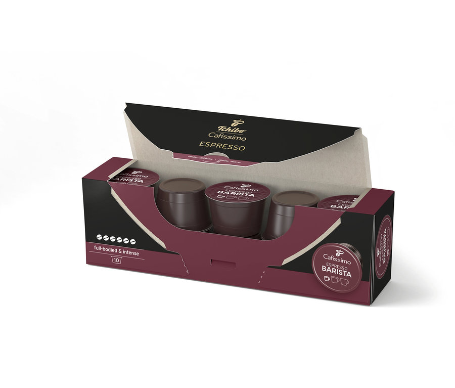 Offene Packung mit 10 Cafissimo BARISTA Espresso Kapseln.