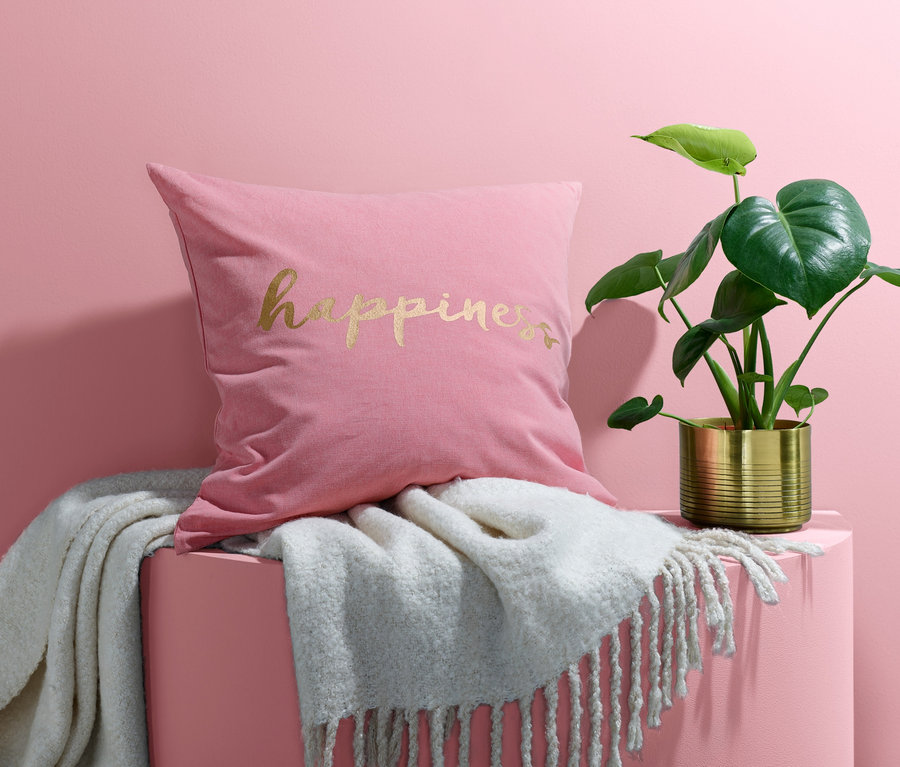 Ein rosa Dekokissen-Bezug mit dem Schriftzug Happiness liegt auf einer weißen Decke neben einer Pflanze in einem goldenen Topf.