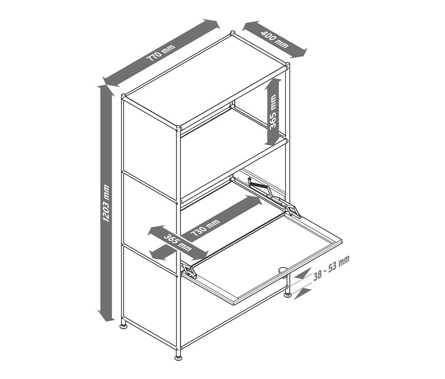 Eine schematische Darstellung eines Metallregals mit 2 versetzbaren Klappfächern und Maßangaben.