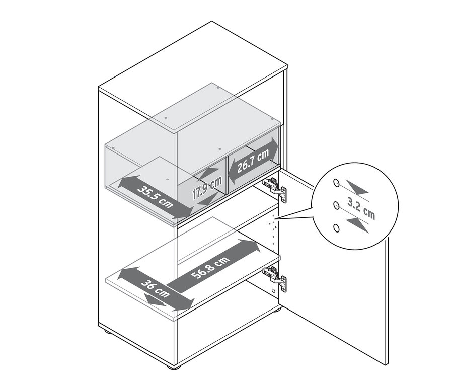 Abbildung eines Highboards mit Details in Eichendekor mit Maßangaben.