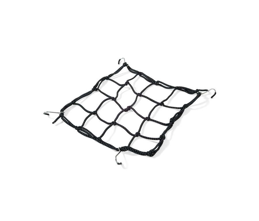 Schwarzes Fahrrad-Gepäcknetz mit Haken an den Ecken.