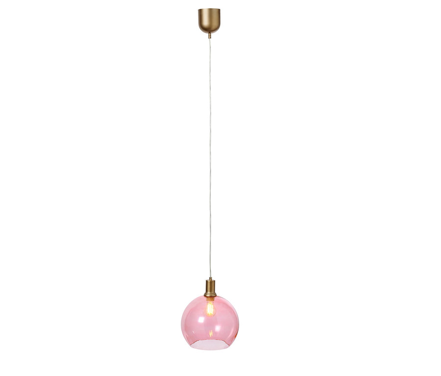 Eine Pendelleuchte mit einem rosafarbenen Glasschirm und einer goldenen Aufhängung.