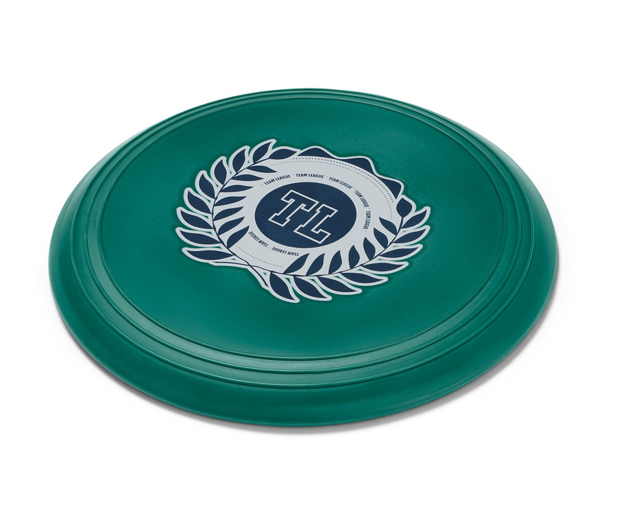 Eine grüne Soft-Wurfscheibe mit Logo auf einem weißen Hintergrund.