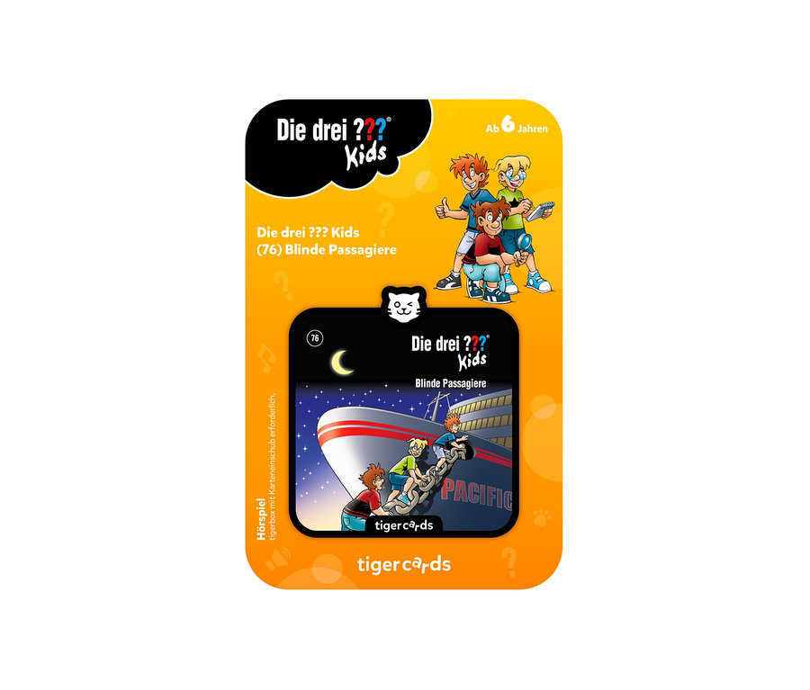Gelbe Box mit der Karte Die drei ??? Kids (76) Blinde Passagiere mit einer Cartoon-Illustration von drei Kindern.