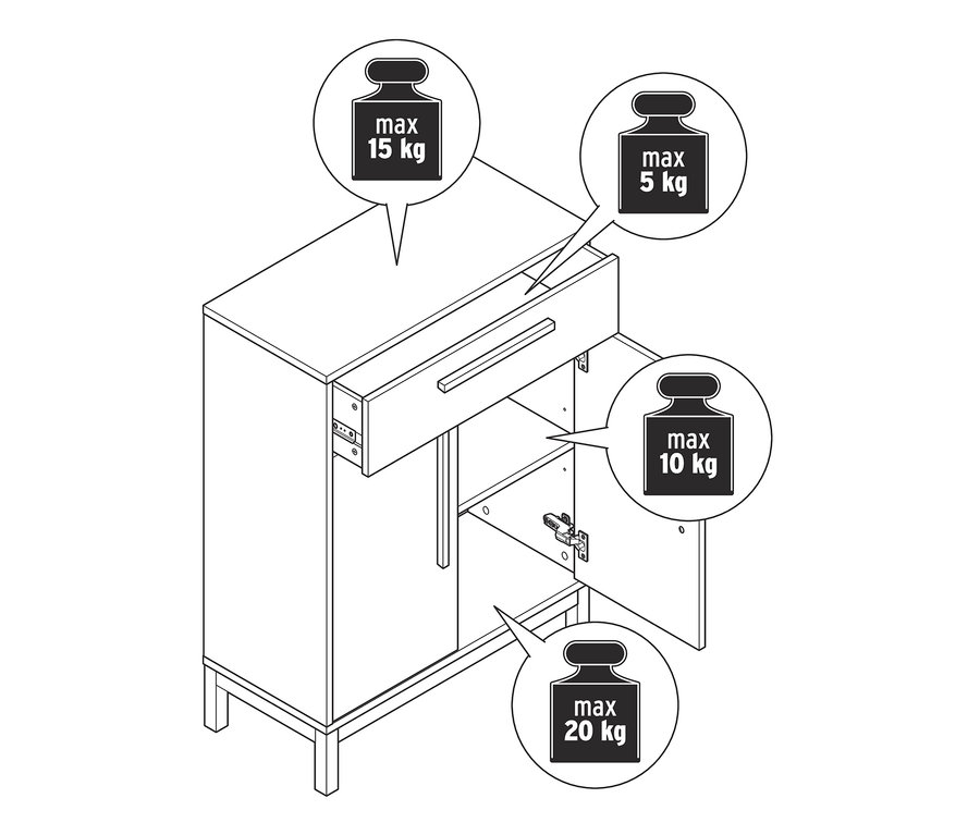 Schwarz-weiße Illustration eines Bad-Sideboards »Eklund« mit offener Tür und Schublade, ergänzt durch maximale Traglasten.
