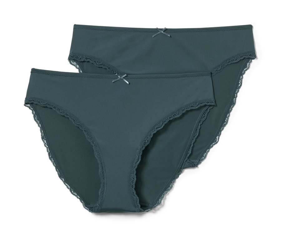 Zwei petrolfarbene Slips mit Spitze und Schleife.