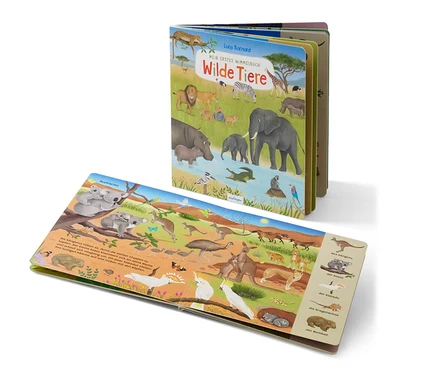 Das Buch "Mein erstes Wimmelbuch – Wilde Tiere" ist auf einer Seite mit Illustrationen von Tieren aus Australien geöffnet.