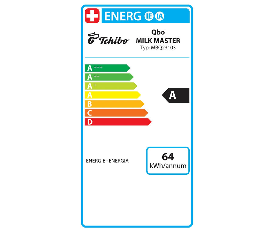 Energieetikett für Qbo MILK MASTER Gentle Grey mit A-Bewertung und 64 kWh Jahresverbrauch.