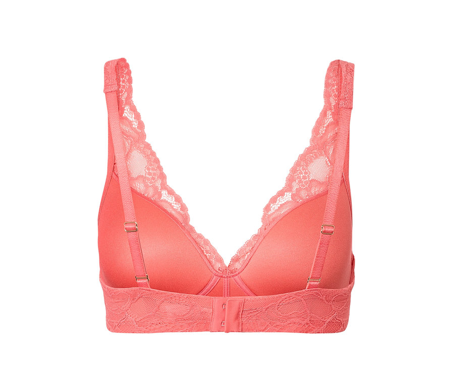 Detail der Rückseite eines Softschalen-BHs in Papaya-Farbe mit Spitzendetails.