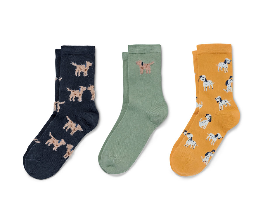 Drei Paar 3D-Kinder-Socken mit Flausch-Garn, bedruckt mit Hunden in Dunkelblau, Grün und Gelb.