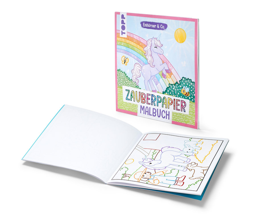 Zwei Abbildungen des Buchs: »Zauberpapier Malbuch ‒ Einhörner & Co.«