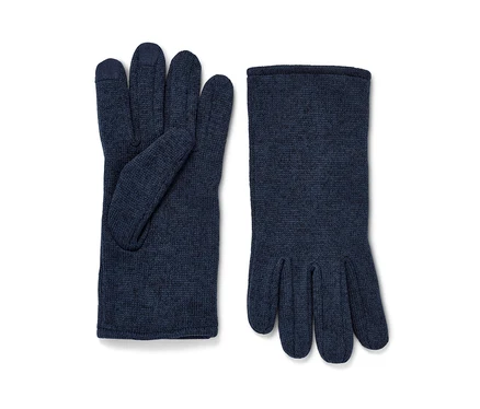 Zwei dunkelblaue Strickfleece-Handschuhe liegen nebeneinander.