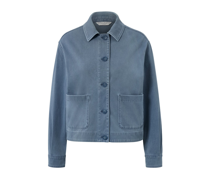 Blaue Jerseyjacke in Jeansoptik mit Knöpfen und Taschen.