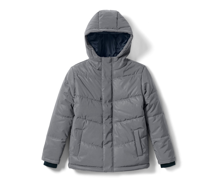Graue reflektierende Kinder-Steppjacke mit Kapuze.