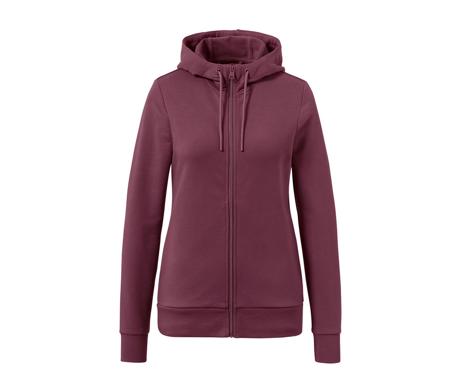 Lila Sweatjacke mit Reißverschluss und Kapuze.