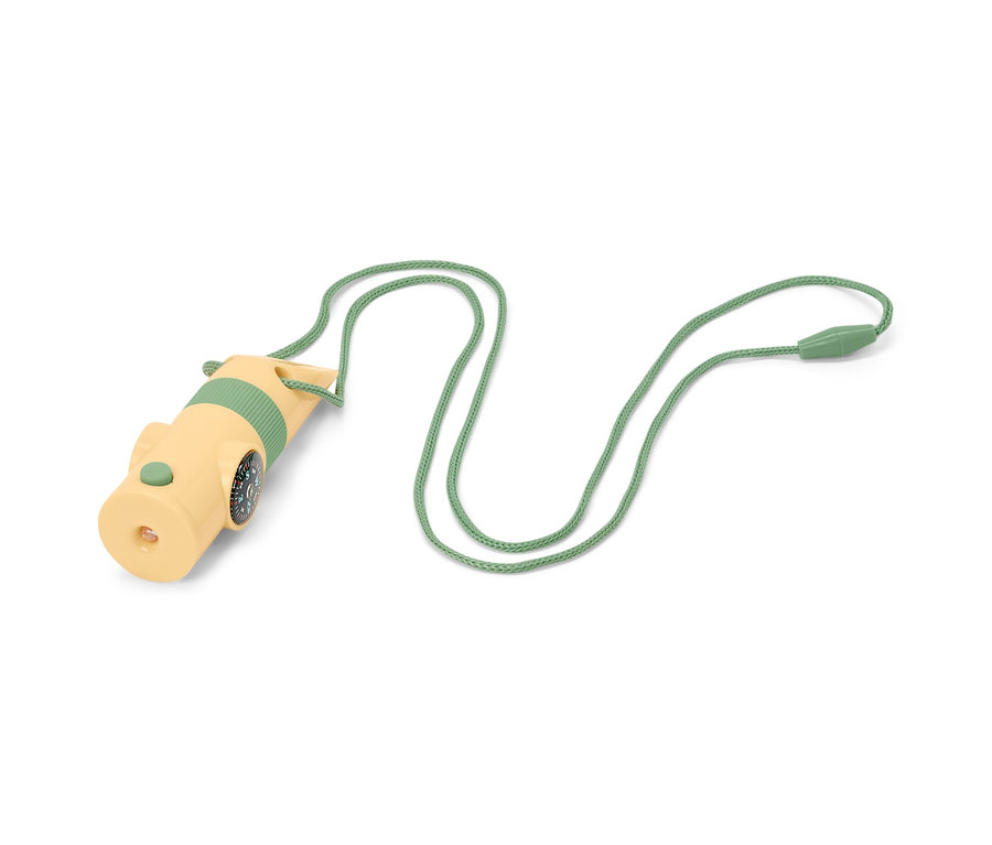 Gelbes kompaktes Outdoor-Tool mit grüner Schnur.