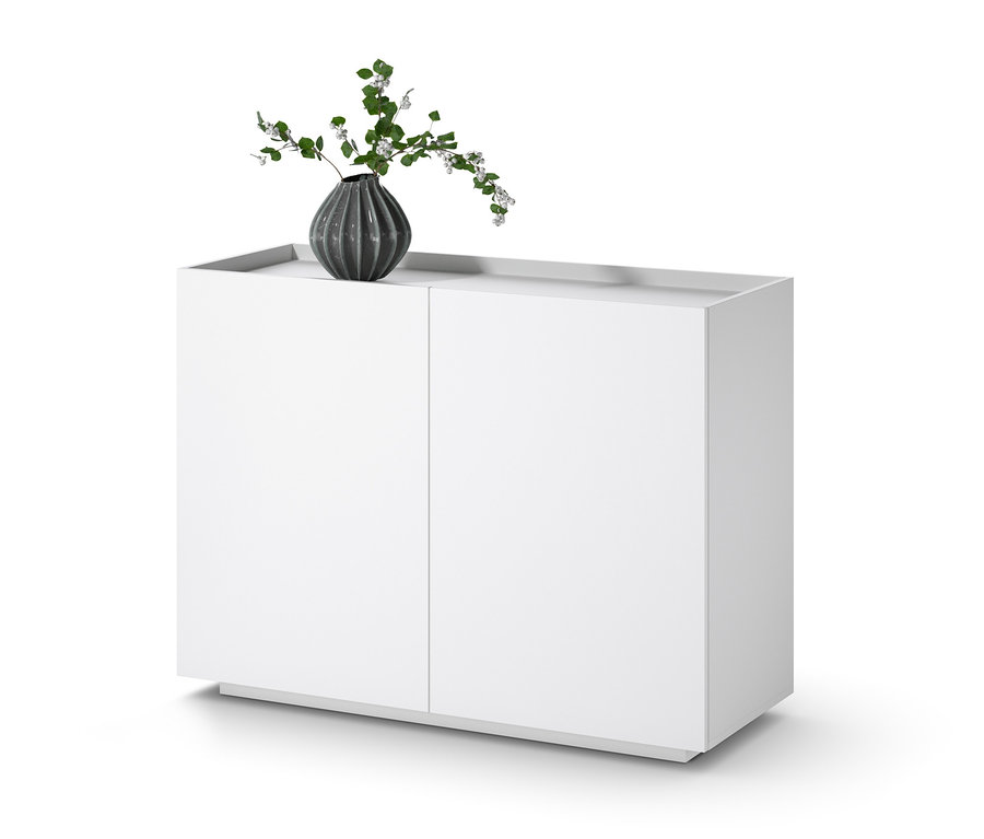 Ein weißer Schrank mit zwei Türen und einer Vase mit Blumen darauf.