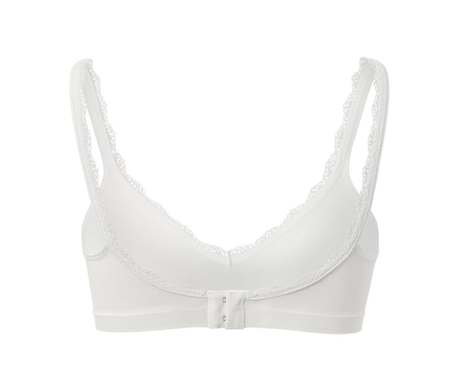 Detailansicht eines weißen Seamless-Soft-BHs mit Spitzenbesatz.