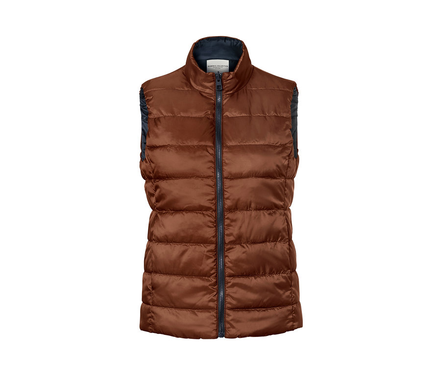 Braune Wende-Steppweste mit Reißverschluss in der Mitte.