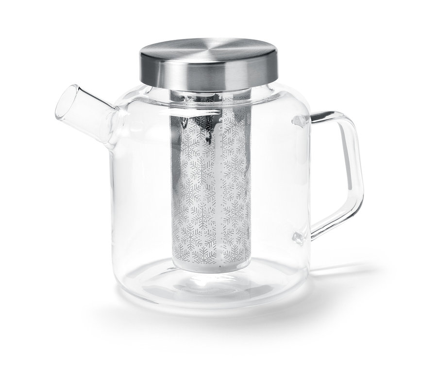 Eine Teekanne aus Glas mit Edelstahlfilter und Deckel.