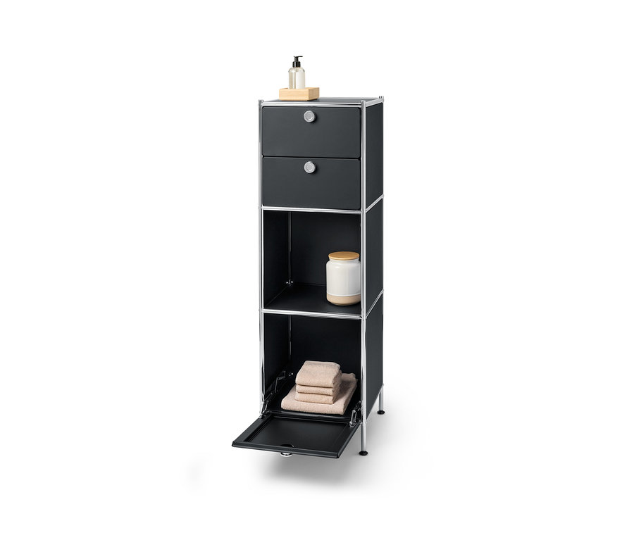Schmale Kommode Metall »CN3« mit zwei Schubladen, 1 Klappenfach, Spenderflasche und Glas.