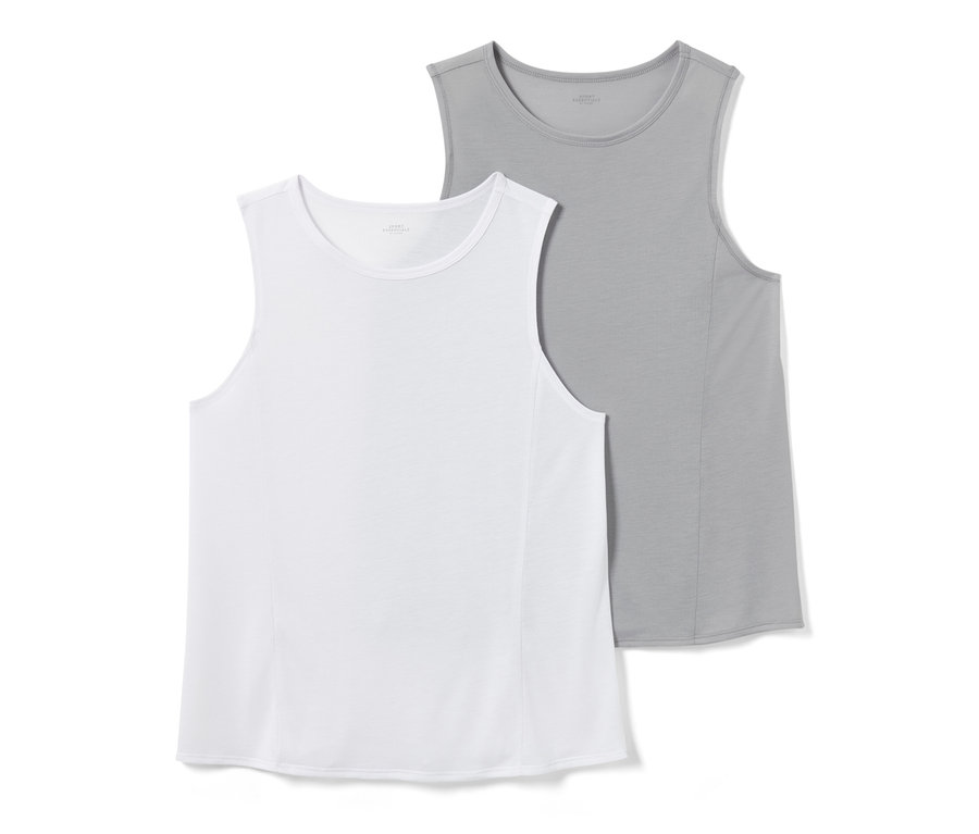 Zwei graue und weiße Sport-Tops.