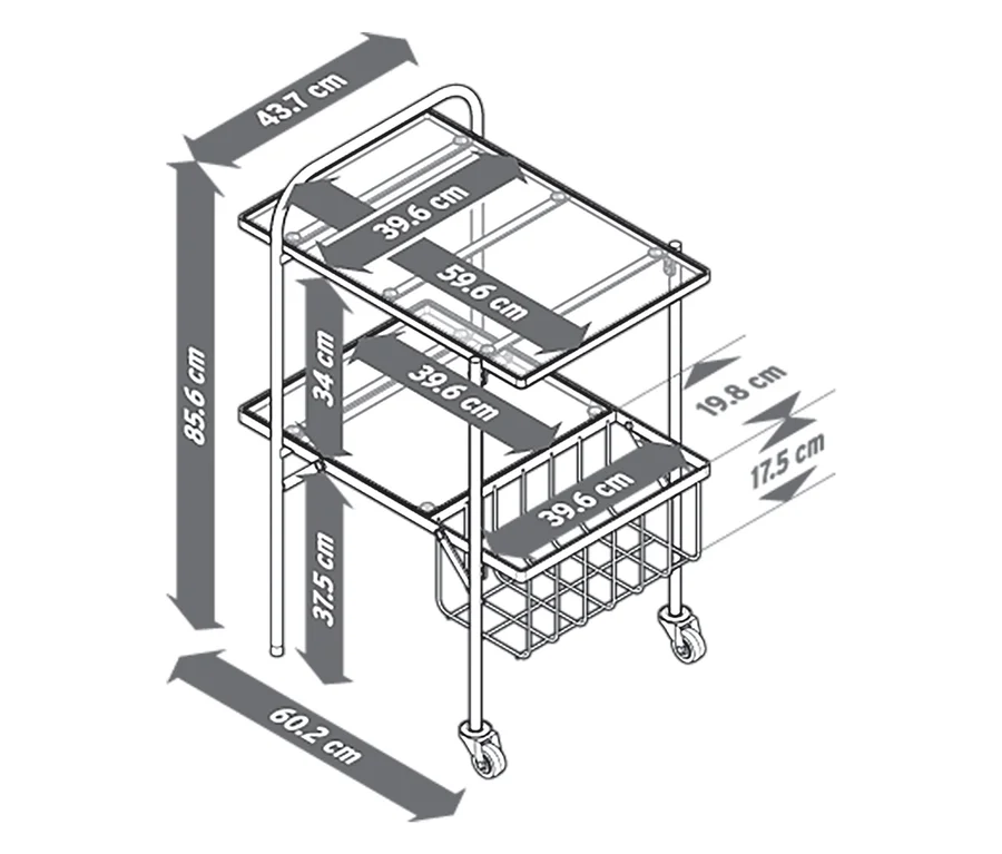 Illustration eines Servierwagens mit Maßangaben.