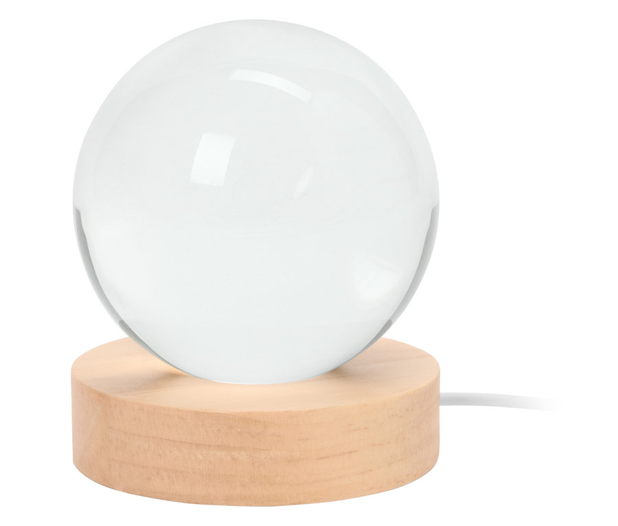 Glaskugel auf Holzsockel.