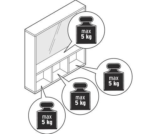 Illustration eines Spiegels mit Ablageflächen, maximale Traglast 5 kg.