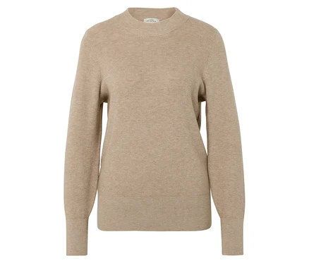 Beiger Pullover mit langen Ärmeln und Rundhalsausschnitt.