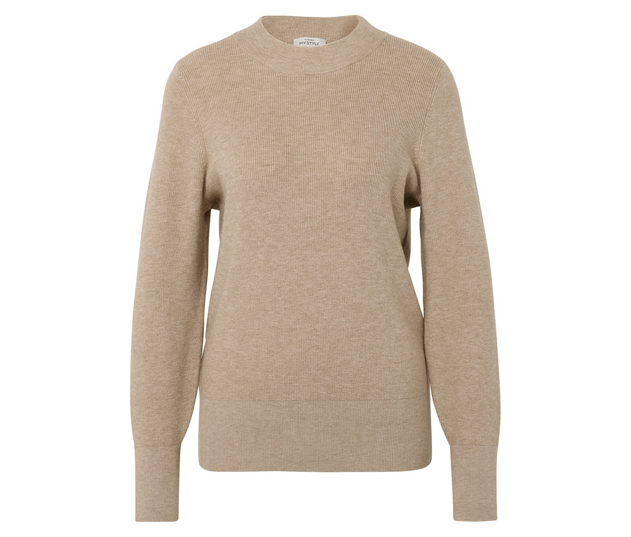 Beiger Pullover mit langen Ärmeln und Rundhalsausschnitt.