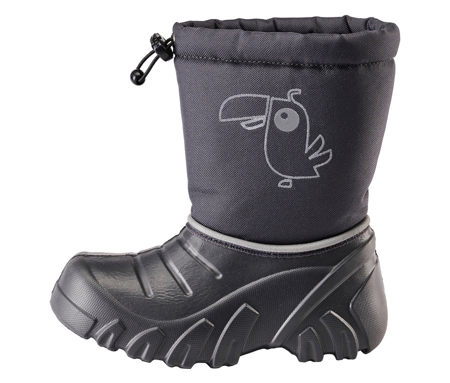 Ein einzelner JAKO-O Winterstiefel in Anthrazit steht vor einem weißen Hintergrund.