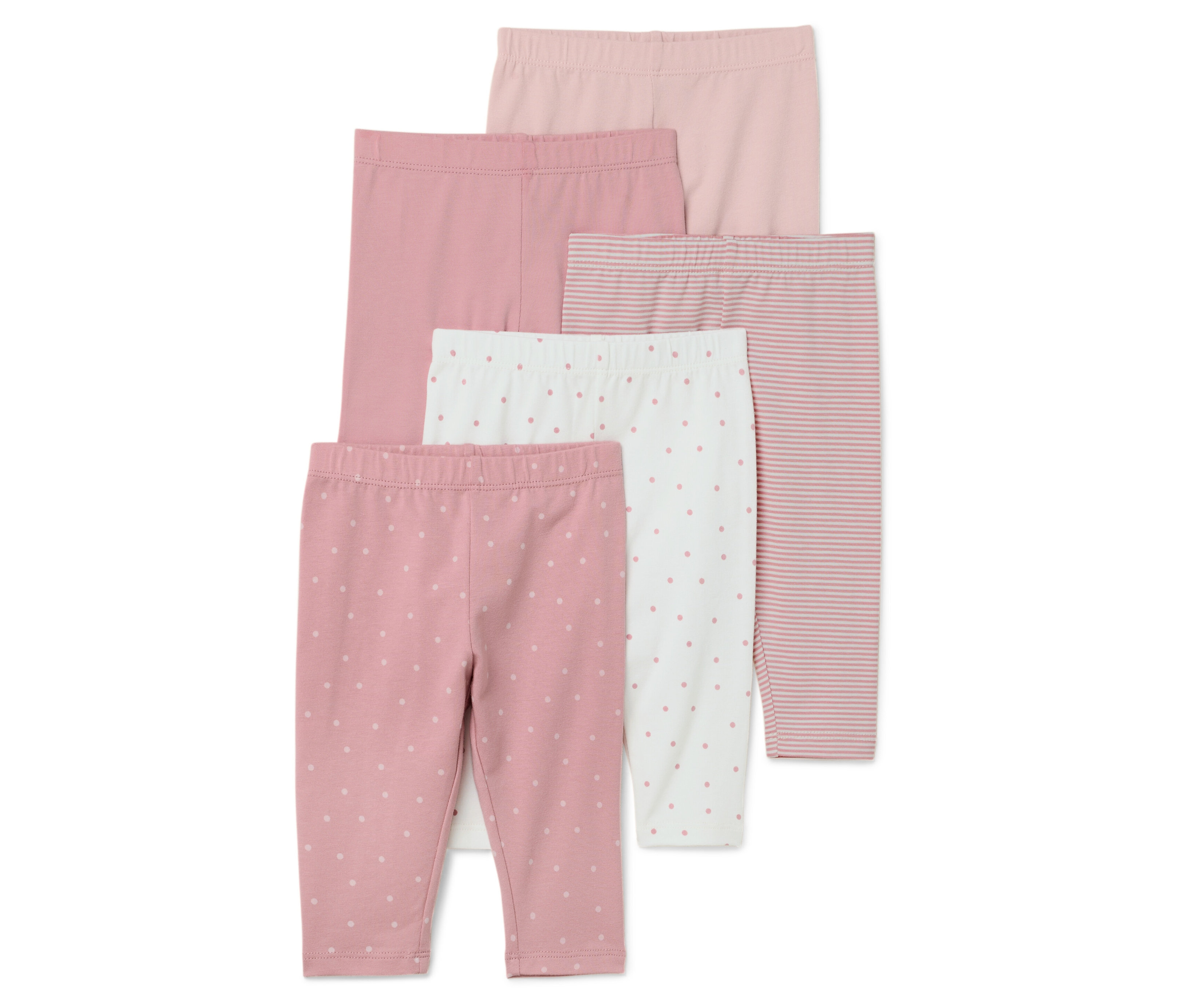 Fünf Baby Leggings in verschiedenen Rosa- und Weißtönen liegen übereinander.