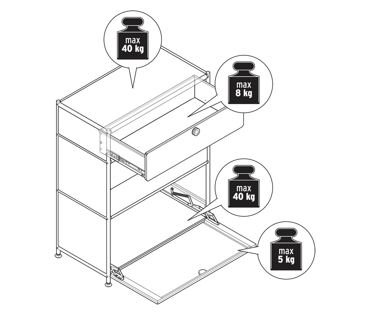 Eine Skizze einer Metallkommode »CN3« mit 3 Schubladen und 1 Klappenfach, wobei eine Schublade geöffnet ist.