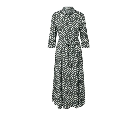 Ein bedrucktes Hemdblusenkleid mit Knopfverschluss, Dreiviertelärmeln und Gürtel.