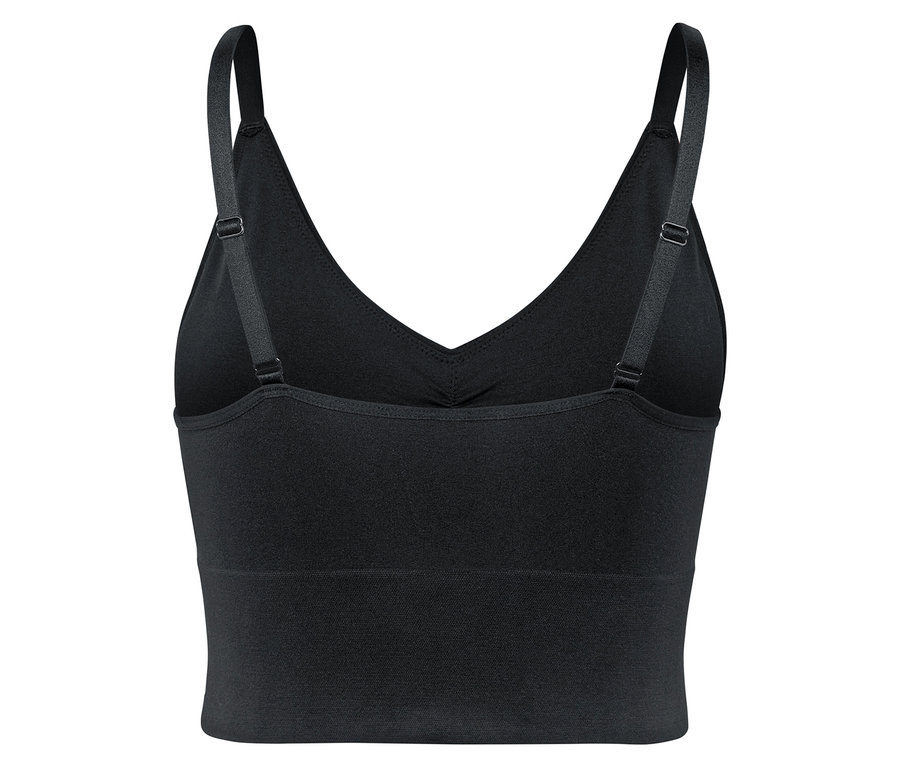 Detailansicht von der Rückseite eines schwarzen Sport-BHs mit verstellbaren Trägern.